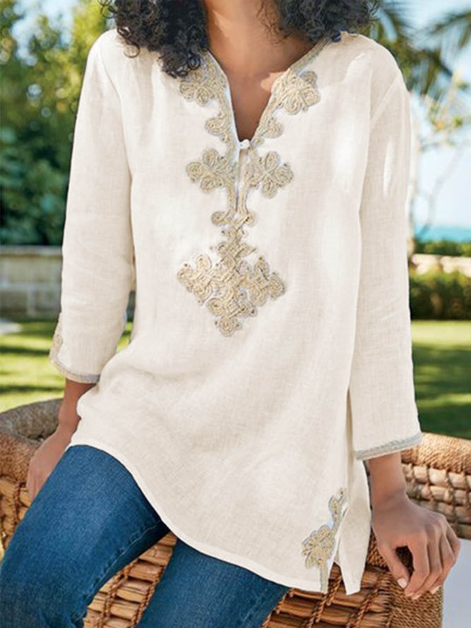Casual V-neck Floral-print Long Sleeve Blouse