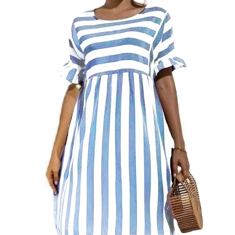 Back to school  Women Elegant Ruffle Sleeve Striped Patchwork A Line Dress 2022 Summer Casual High Waist O Neck Loose Pocket Dress Beach Wear