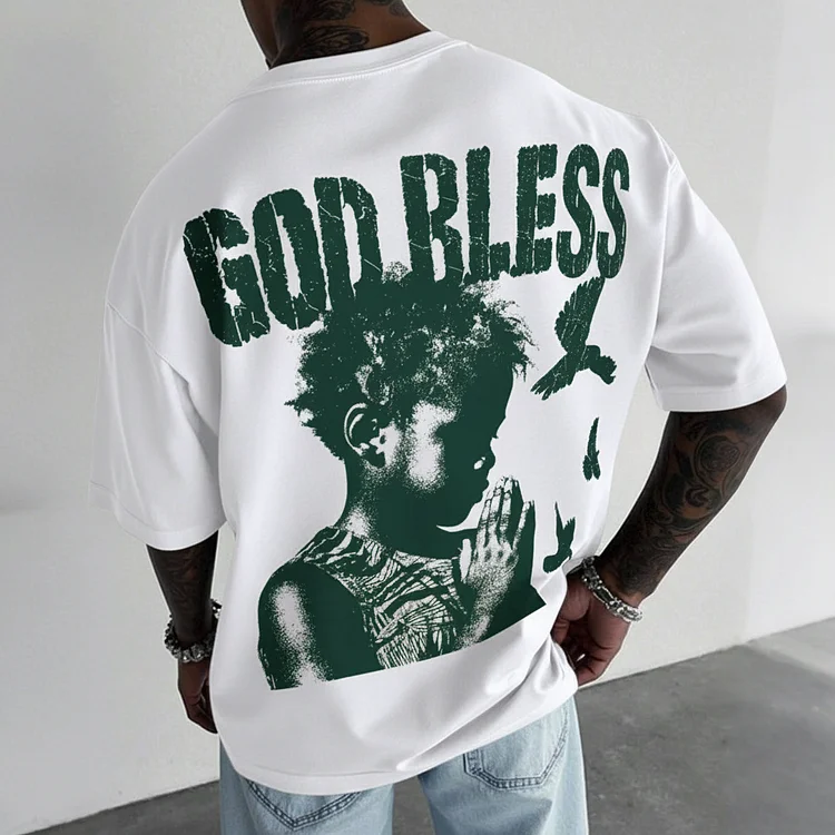 Street-style Casual God Print Crew Neck Short-sleeved T-shirt
