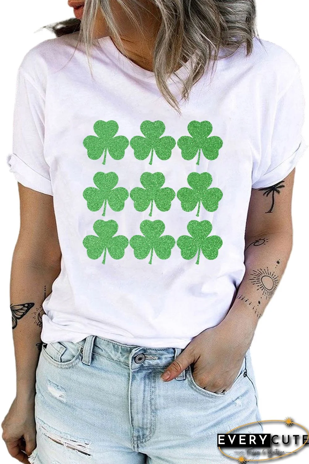 White St Patrick Clover Graphic Print O-neck Short Sleeve T-shirt