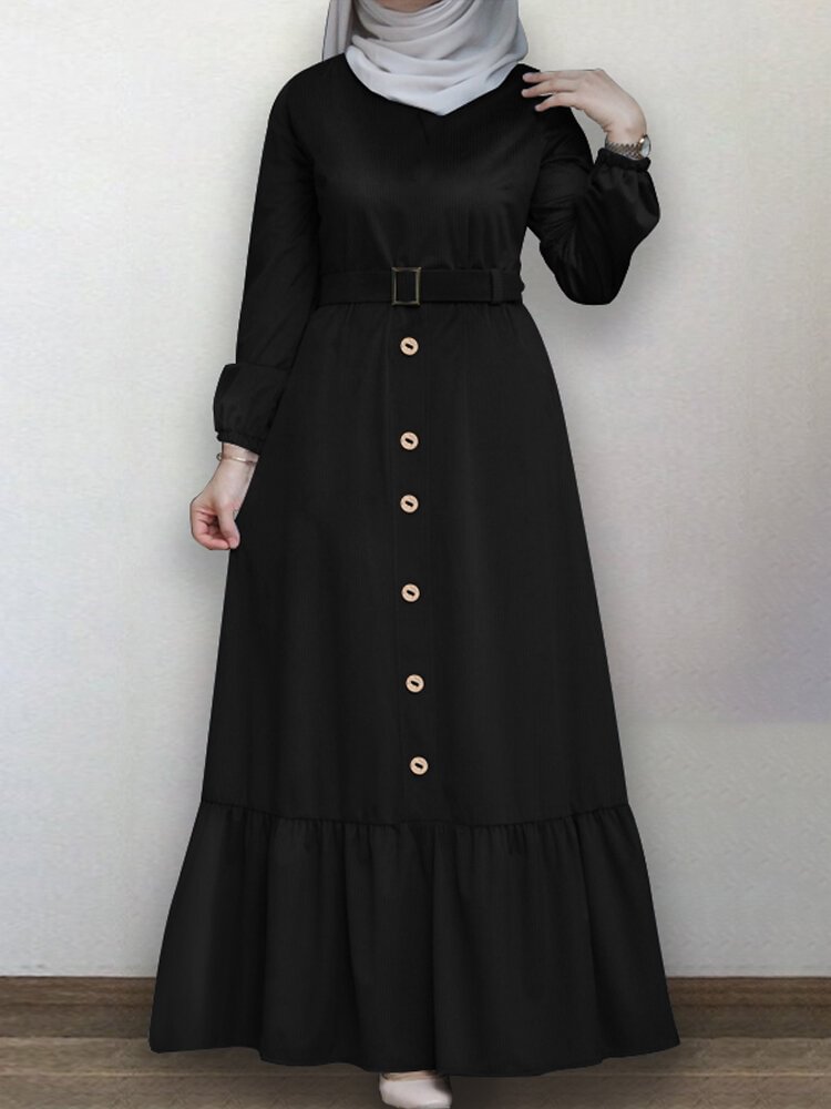 Solid Color Button Pleated Waistband Long Sleeve Casual Muslim Dress