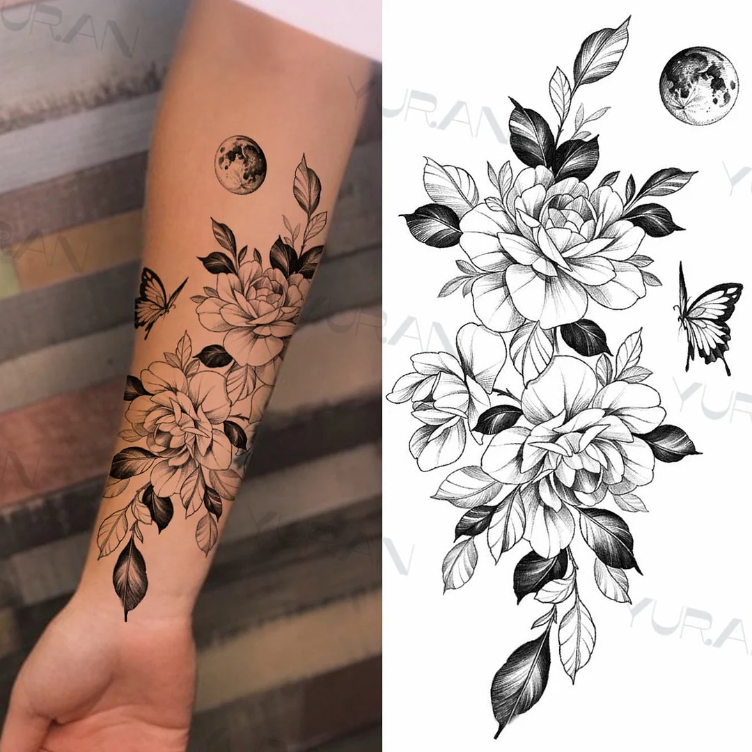 Black Large Snake Flower Fake Tattoo Sticker For Women Dot Rose Peony Temporary Tattoos DIY Water Transfer Tatoos Girls 530