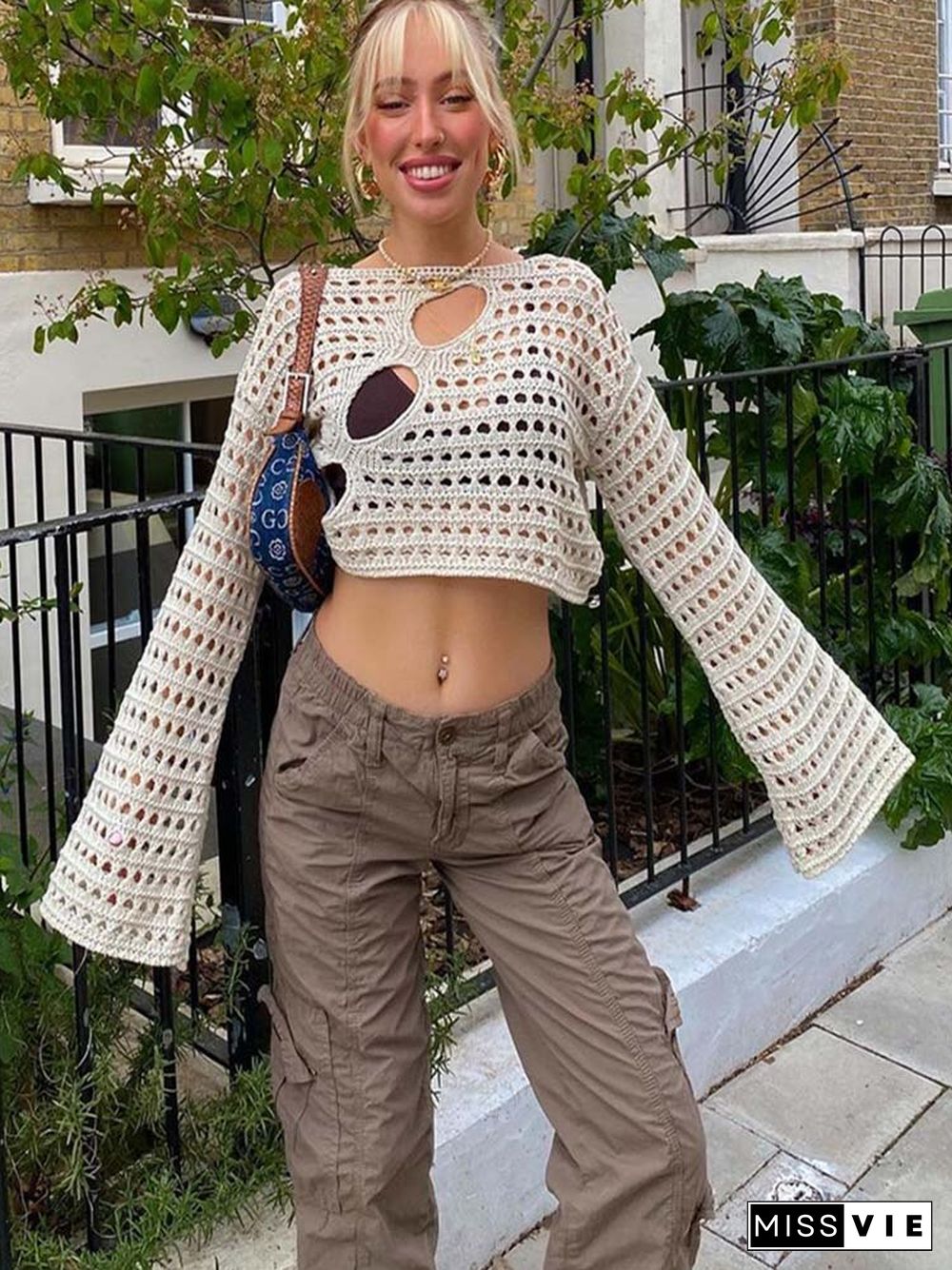 Y2K Hollow Out Cropped Knit Smock Top Vintage Loose Distressed Crochet Pullovers Casual Fairycore Chic Crop Cloth