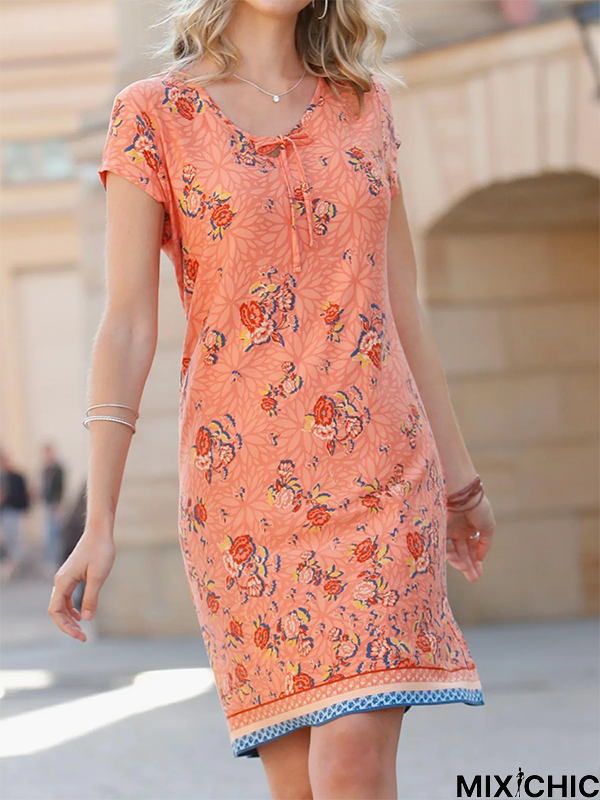 Floral Short sleeve Crew Neck Dress