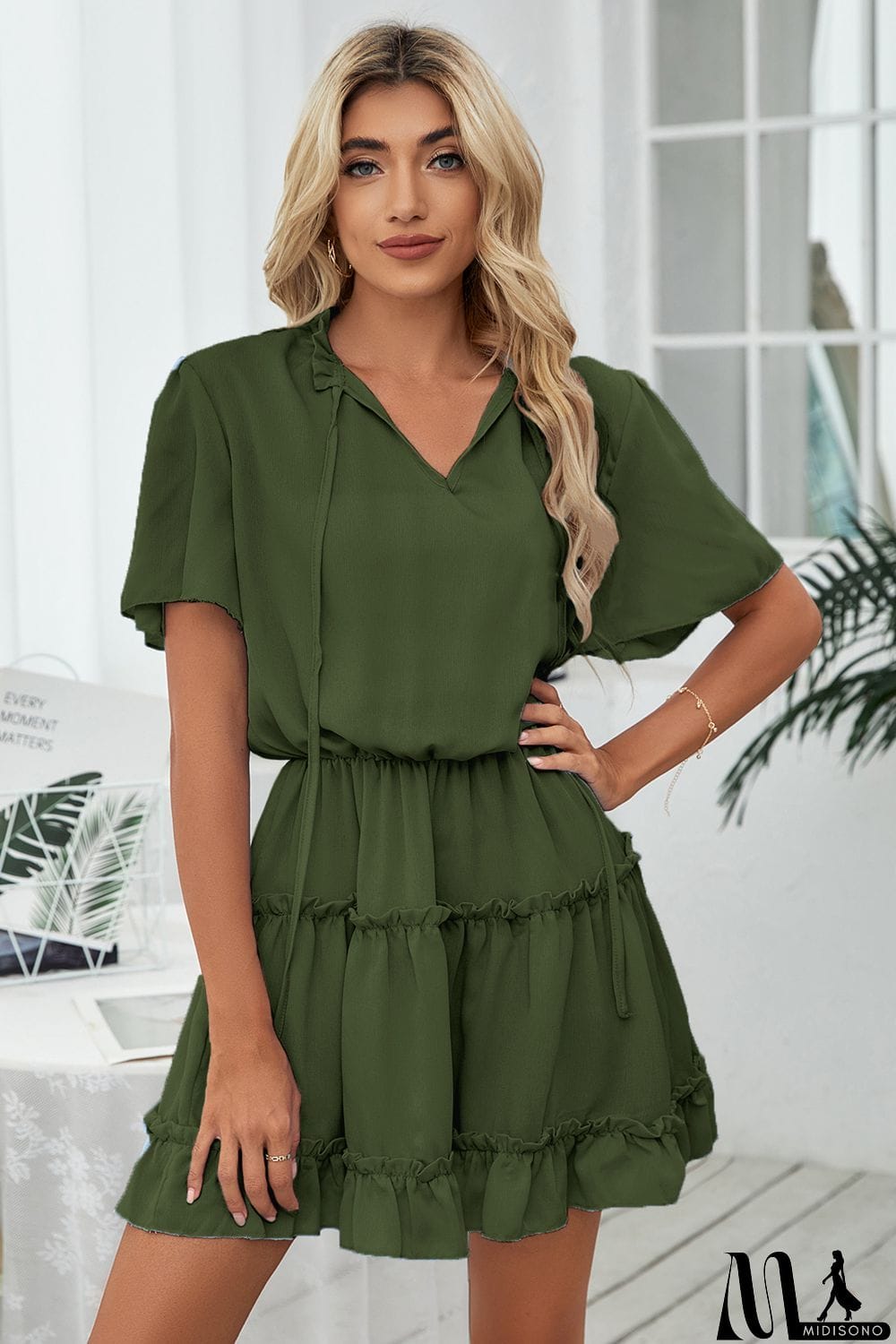 MidiSono - Tie Neck Frill Trim Short Sleeve Mini Dress