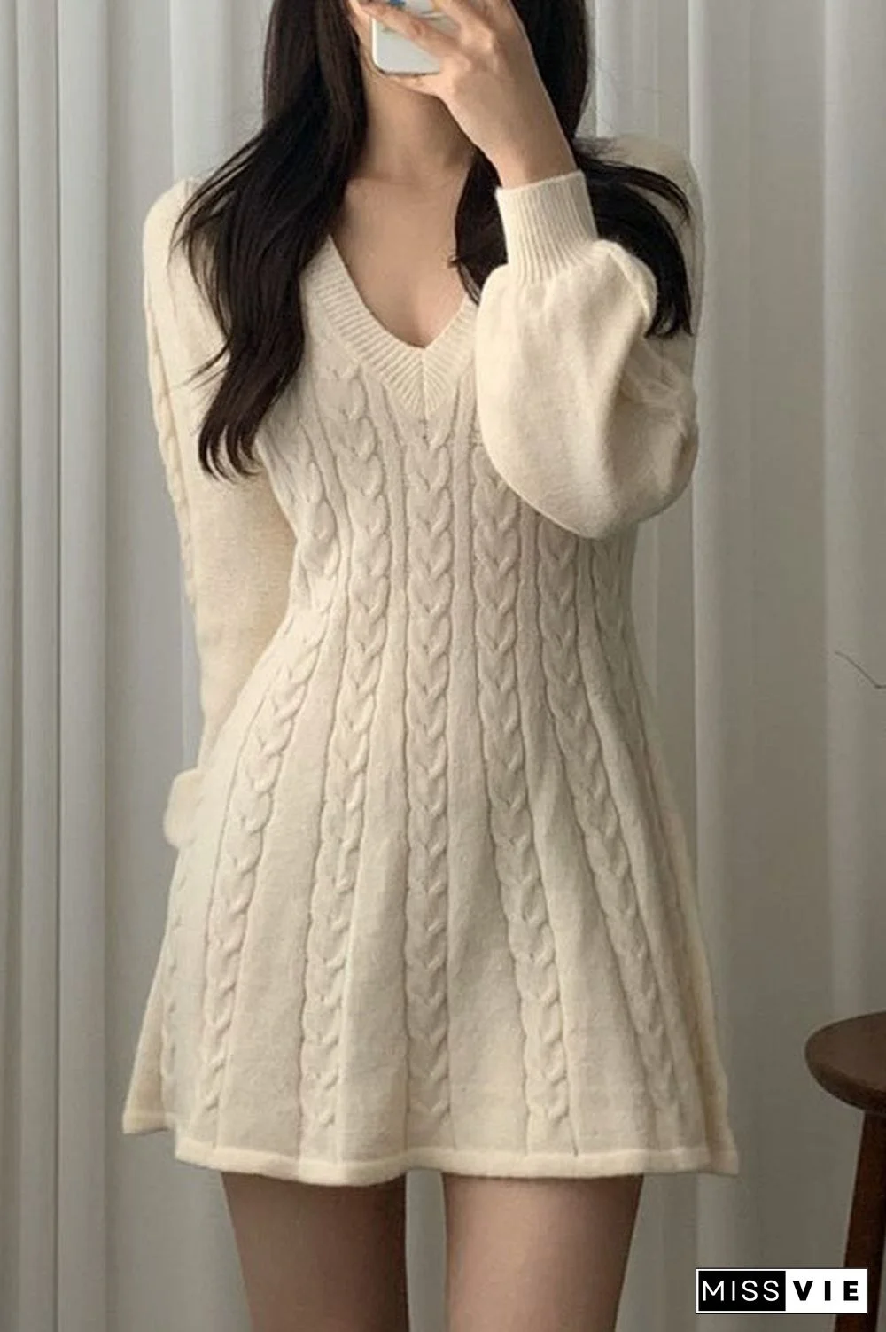Sale Loose Solid Color Deep V Knitted Dress