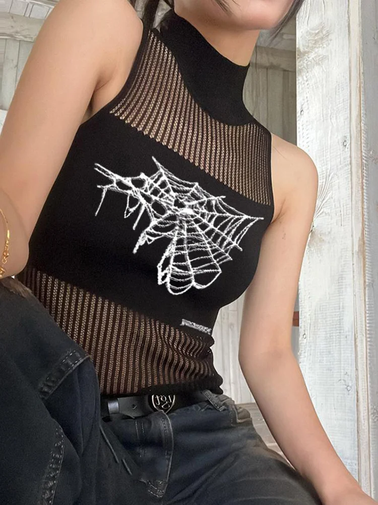 Streetwear Punk Hollowed Out Sleeveless Vest Sexy Tank Top Women Spider Print Goth Aesthetic Summer Fashion Girls Casual Tops