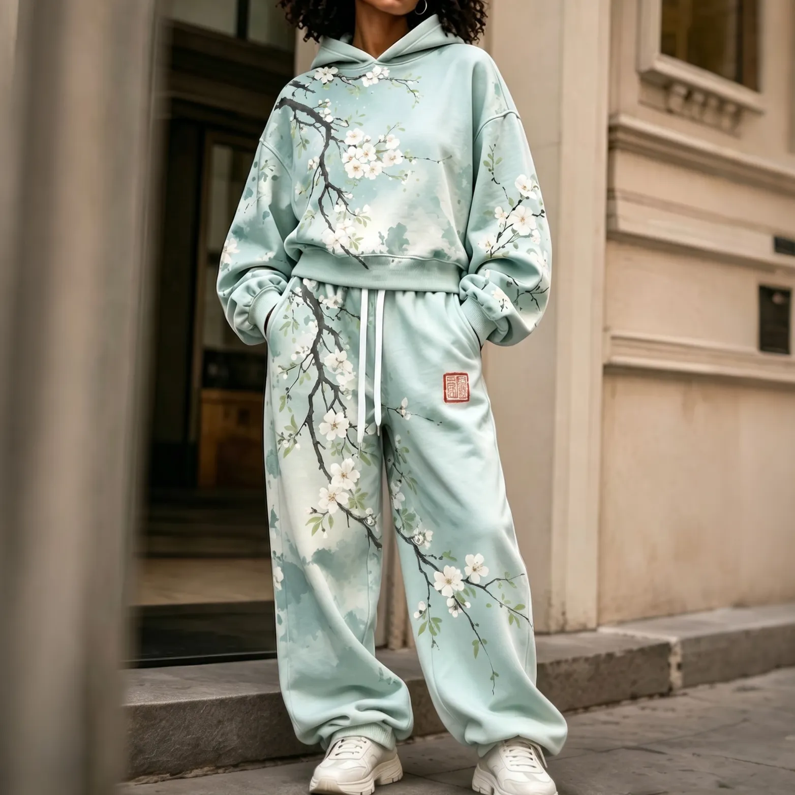 Comstylish Comstylish Women's Japanese Floral Art Print Hoodie Two Piece Set
