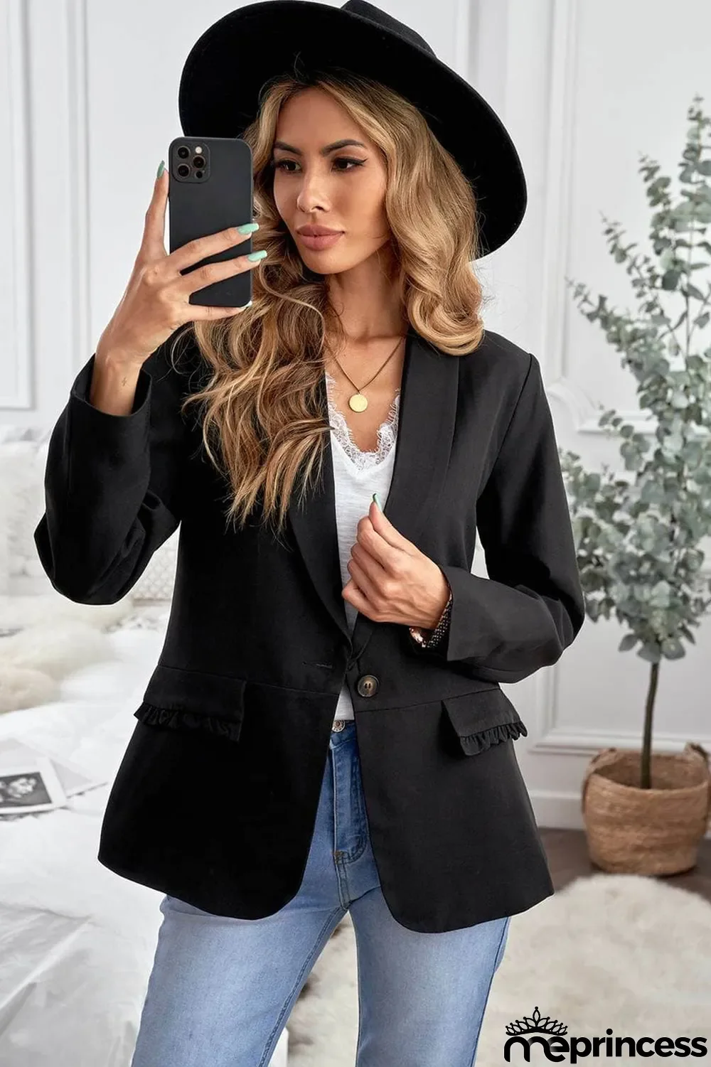 Black Lapel Collar Button Pocket Blazer