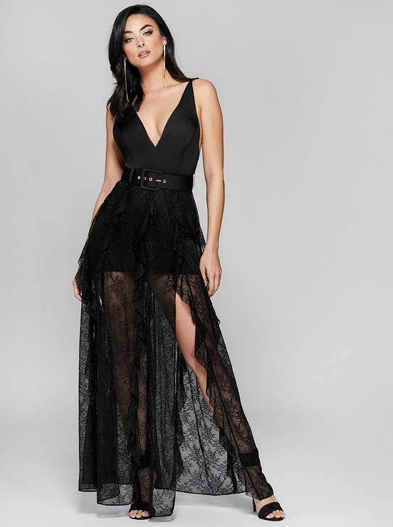 Black Strap V Neck Lace Maxi Dress SE998