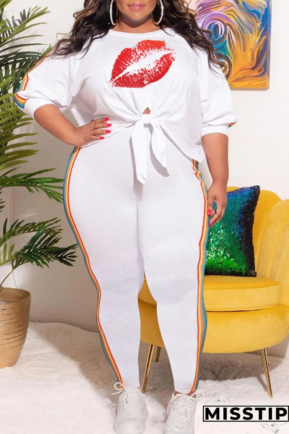 White Casual Print Bandage Patchwork O Neck Plus Size Two Pieces