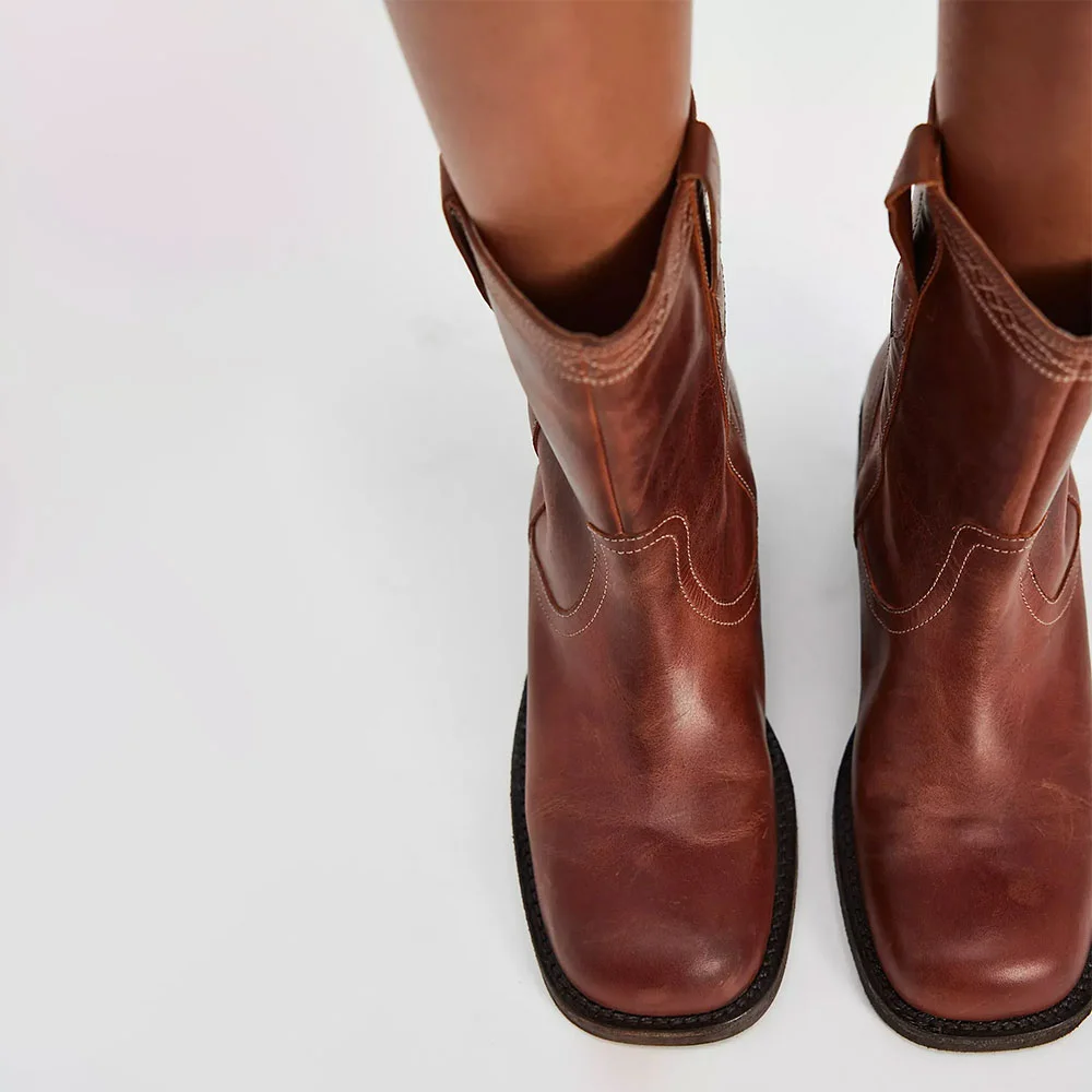 Retro Tan Mid Block Heel Pull On Ankle Square Toe Boots Women