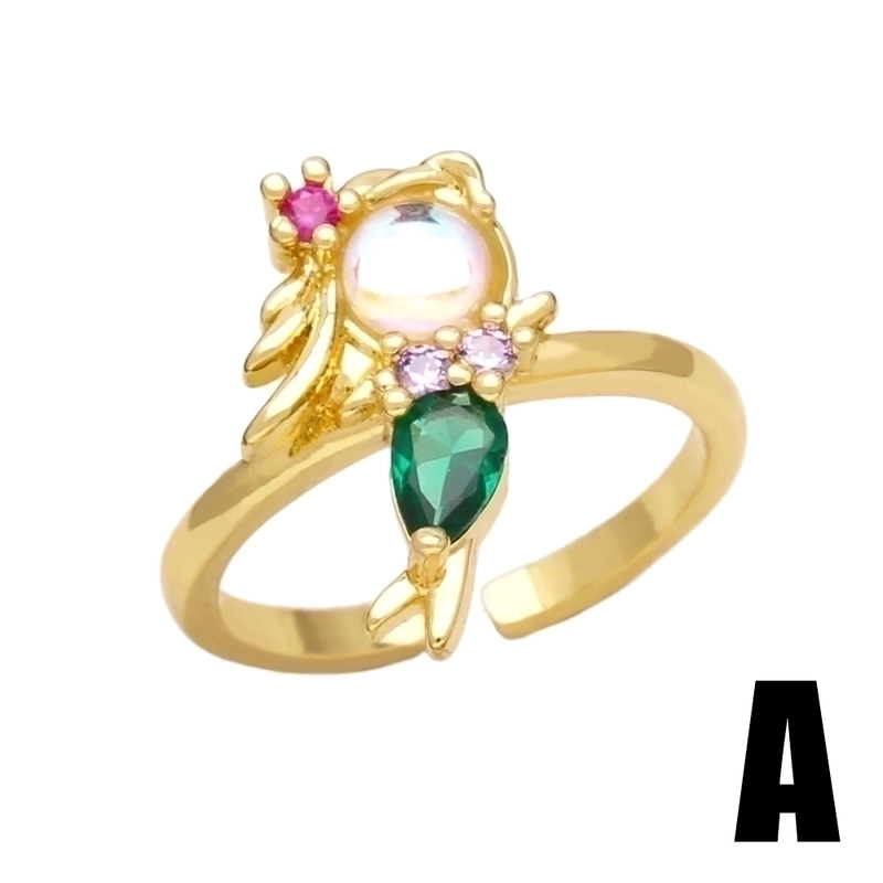 Vintage Style Mermaid Copper Plating Inlay Zircon 18k Gold Plated Open Rings