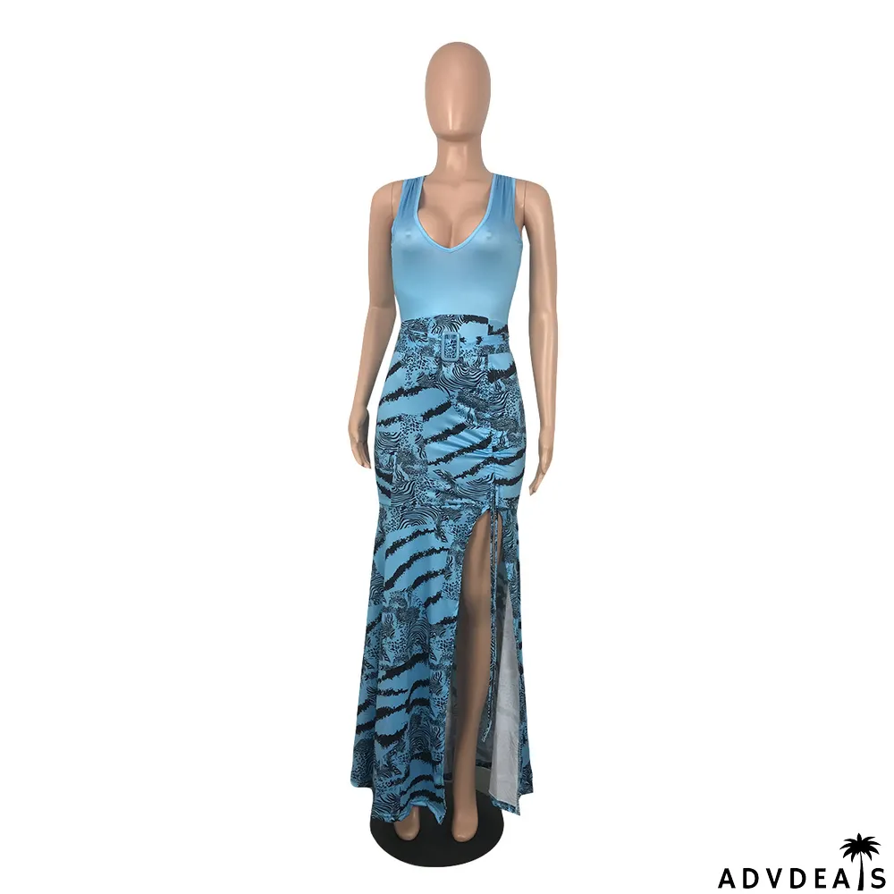 Women Summer Sleeveless V-Neck Print Pleated Dress