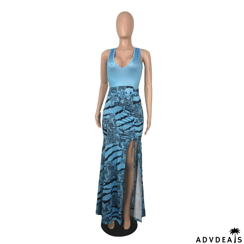 Women Summer Sleeveless V-Neck Print Pleated Dress