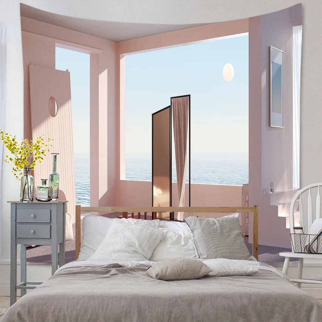 3D Beautiful Window Landscape Tapestry Wall Hanging Tropical Tree Tapestry Art Home Decoration Simulation Sea Sunrise Home Dorm