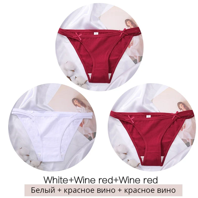 FINETOO M-2XL Bow Cotton Panties 3Pcs/set Women Briefs Girls Plus Size Underpants Low-rise Hollow Underwear Female Lingerie 2021