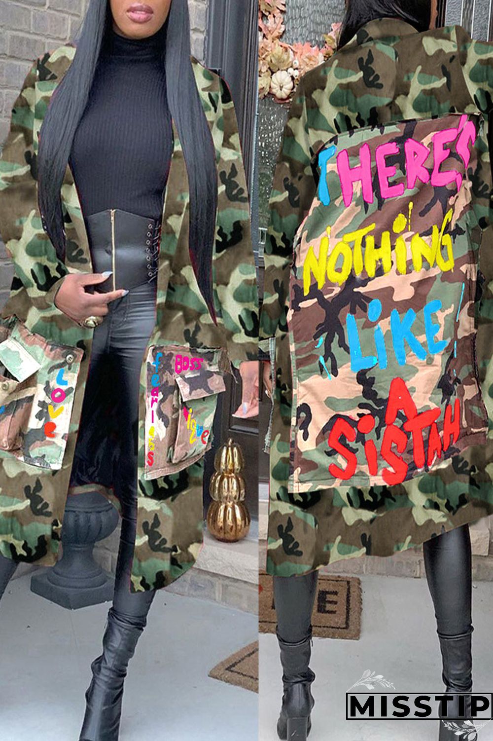 Camouflage Casual Street Print Camouflage Print Patchwork Turn-back Collar Outerwear