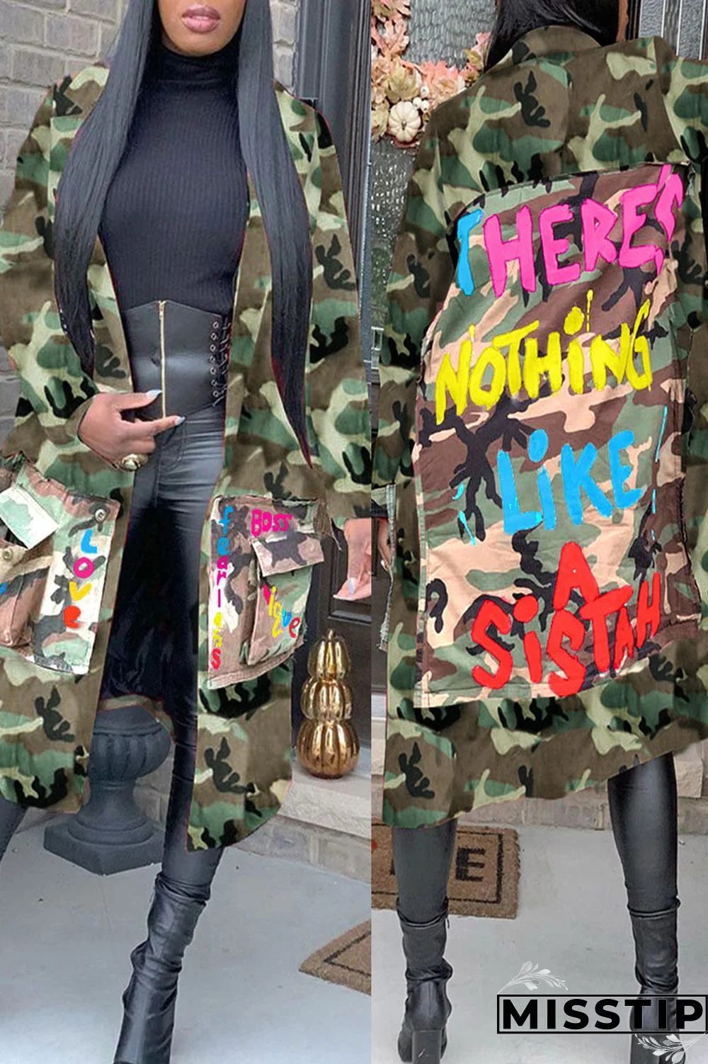 Camouflage Casual Street Print Camouflage Print Patchwork Turn-back Collar Outerwear