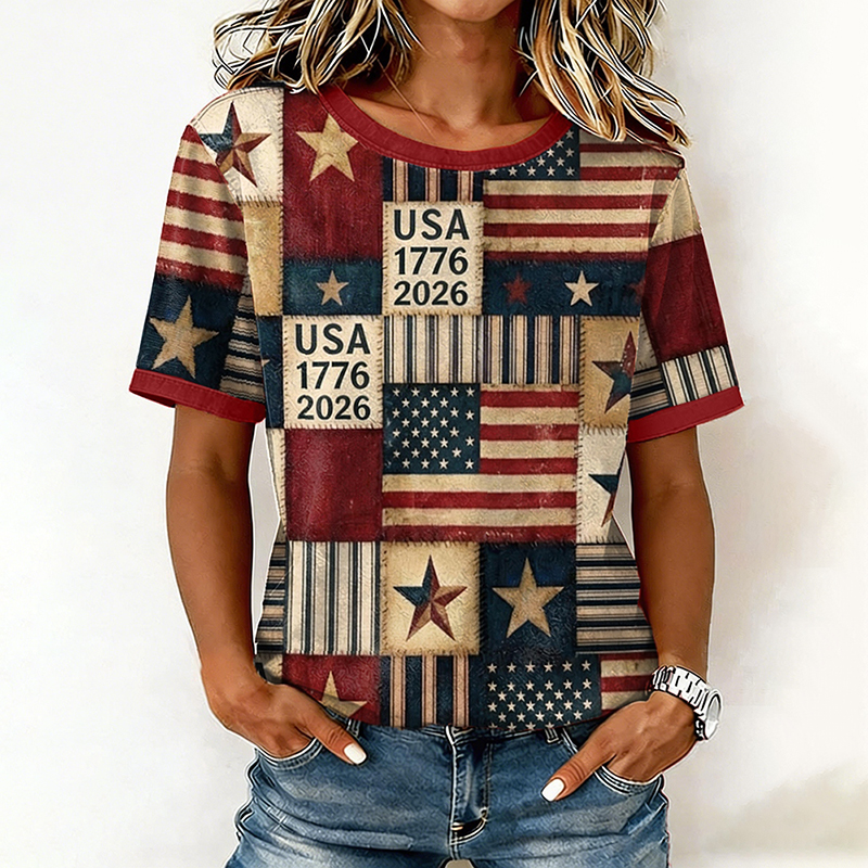  Women's Retro Independence Day Flag Pattern T-shirt Westsshops
