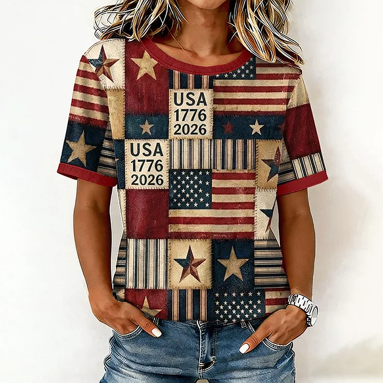 Women's Retro Independence Day Flag Pattern T-shirt