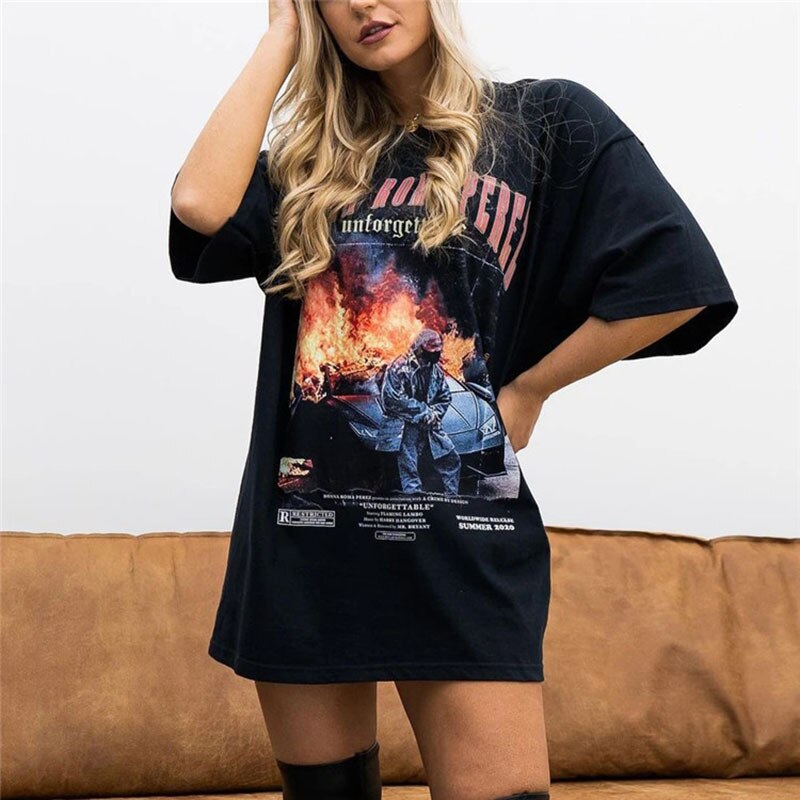 Vintage White Letter Car Print Graphic T Shirts Women Crewneck Short Sleeve Loose Casual Girls 2021 Spring Plus Size Streetwear