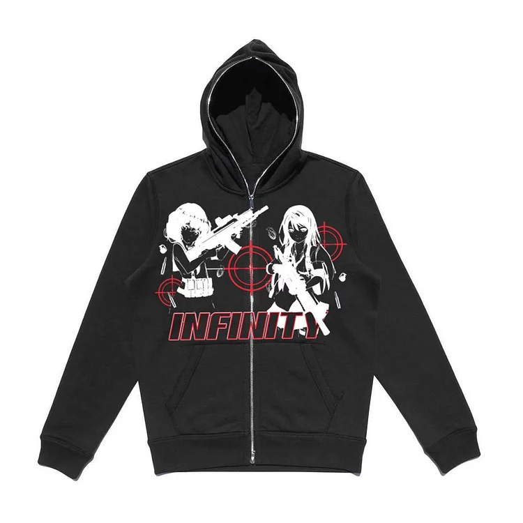 Goth Harajuku Large Size Gun Girl Print Zipper Sweatshirt Full Zip Up Hoodie at Hiphopee