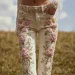 Bohemian Style Pink Rose Embroidery Pattern Women's Skinny Jeans - Image 2