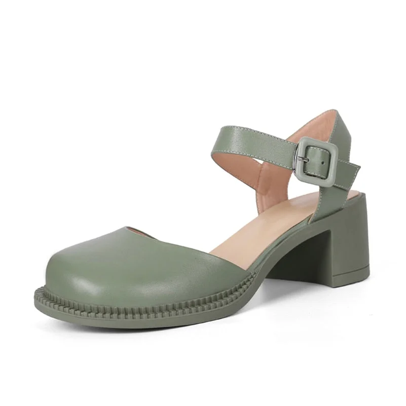 Meotina Genuine Leather Women Slingbacks Shoes Thick Heels Pumps Round Toe Buckle High Heel Ladies Footwear Spring Green 40