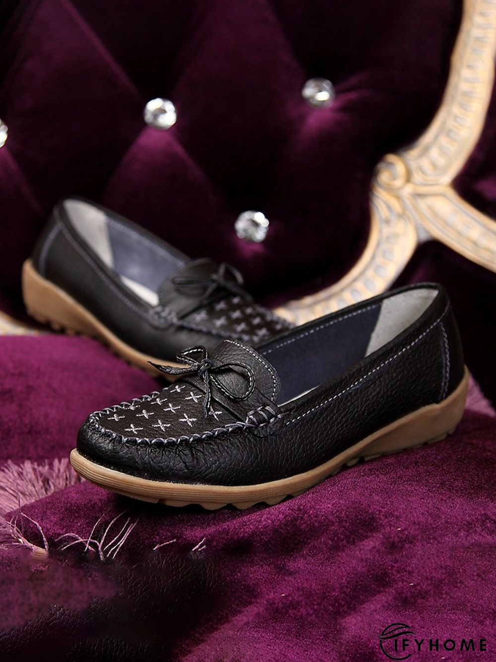 Bow Decor Moccasin Comfy Sole Flat Peas Shoes | IFYHOME