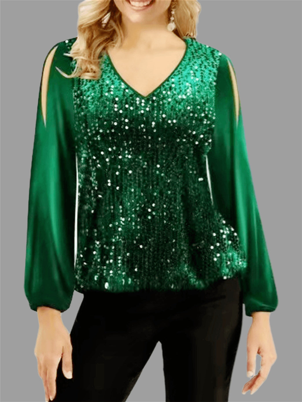 Women's Stitching Sequin Pattern Solid Color V-Neck Long Sleeve Top