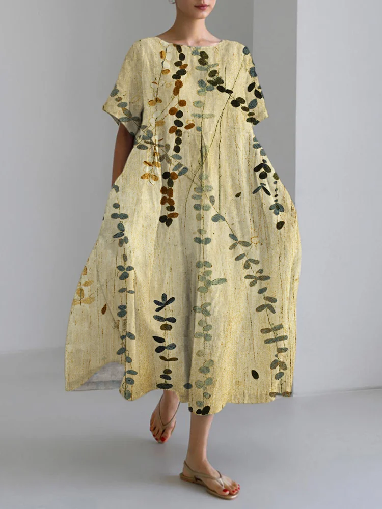 Comstylish Vintage Botanical Japanese Art Linen Blend Maxi Dress
