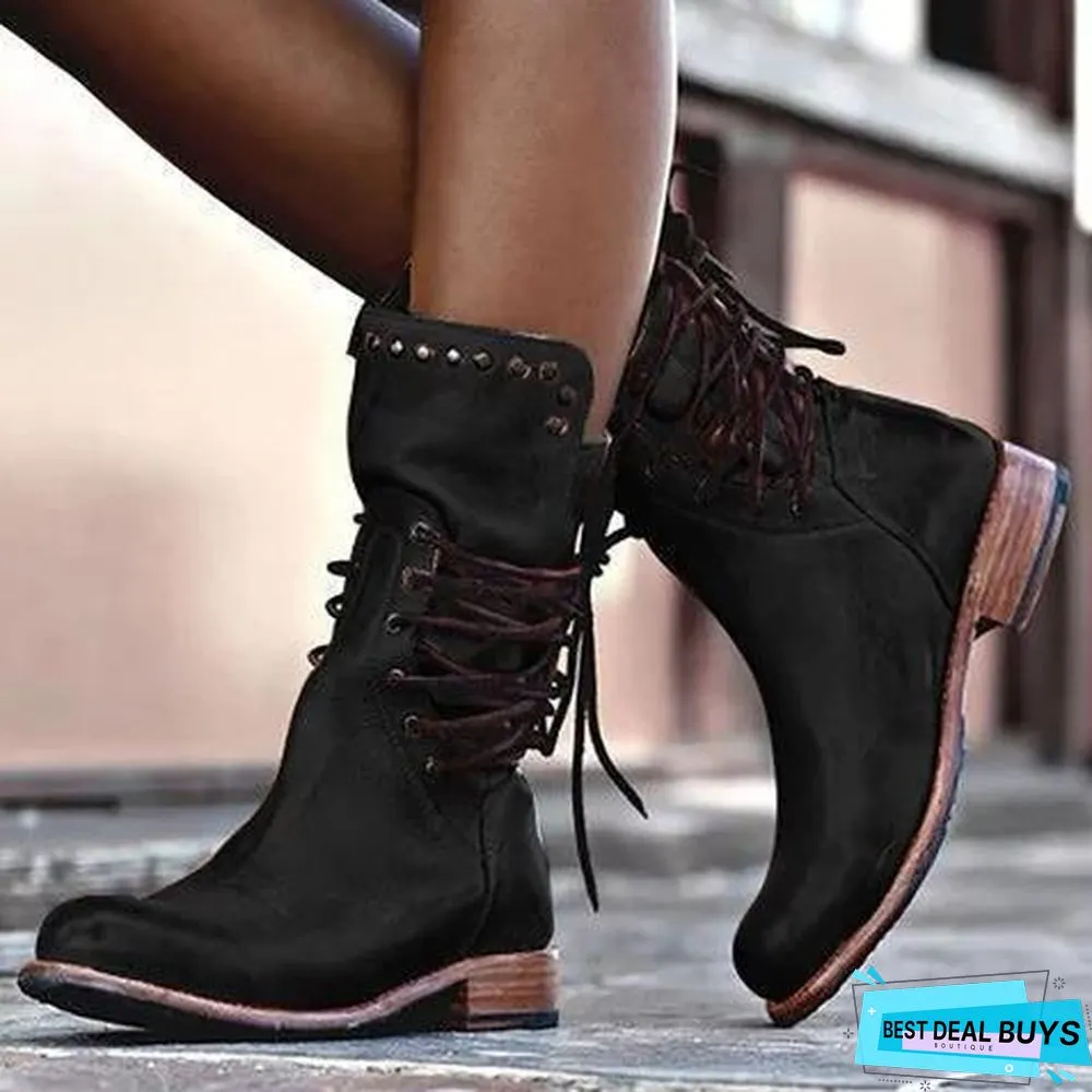 Back Zipper Vintage Boots Lace-Up Holiday Mid-Calf Boots