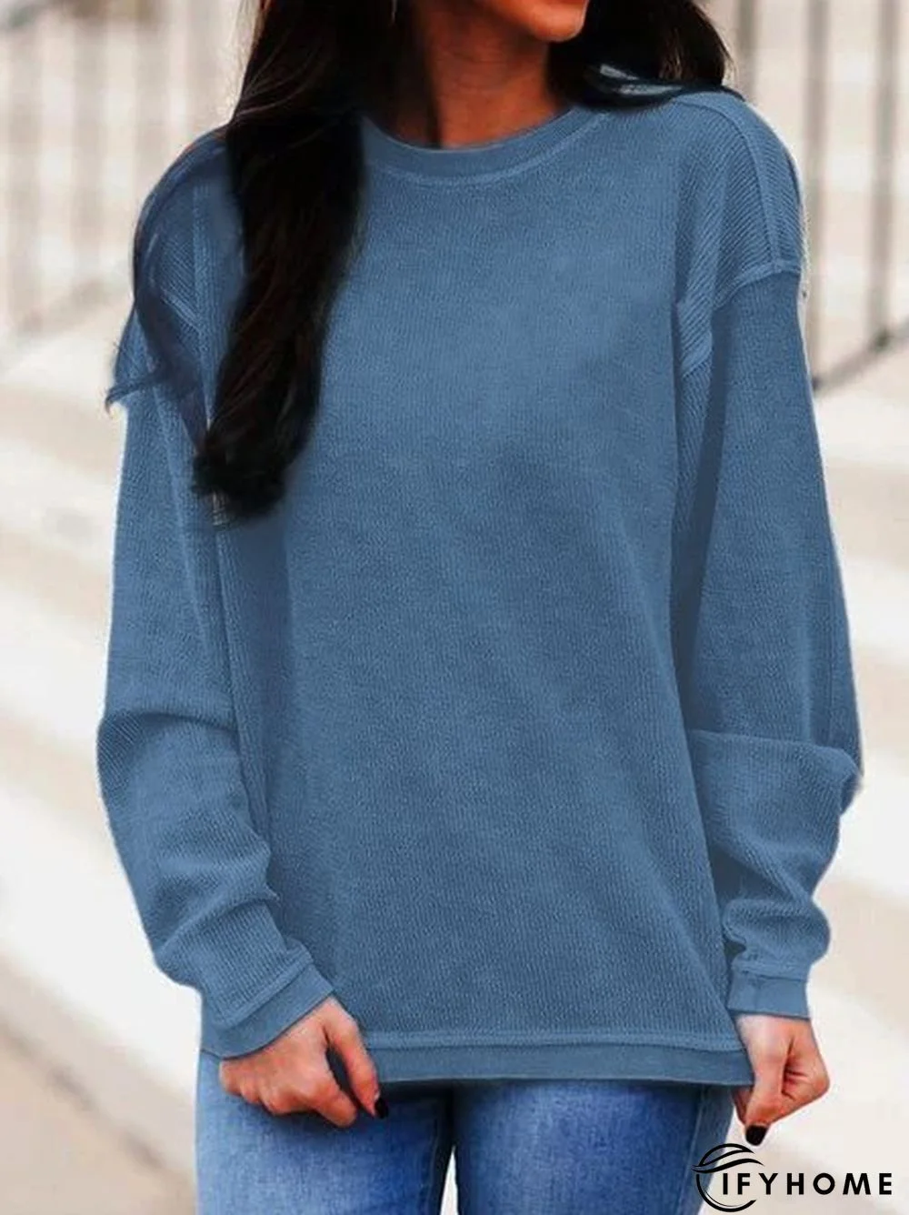 Blue Casual Solid Crew Neck Shirt & Top | IFYHOME