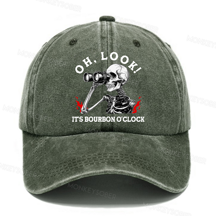 Personalized Oh Look! It's Bourbon O'clock Funny Skull Washed Baseball Caps