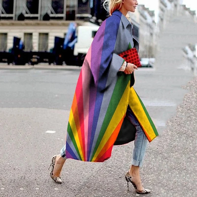 Fashion Rainbow Print Loose Long Coat