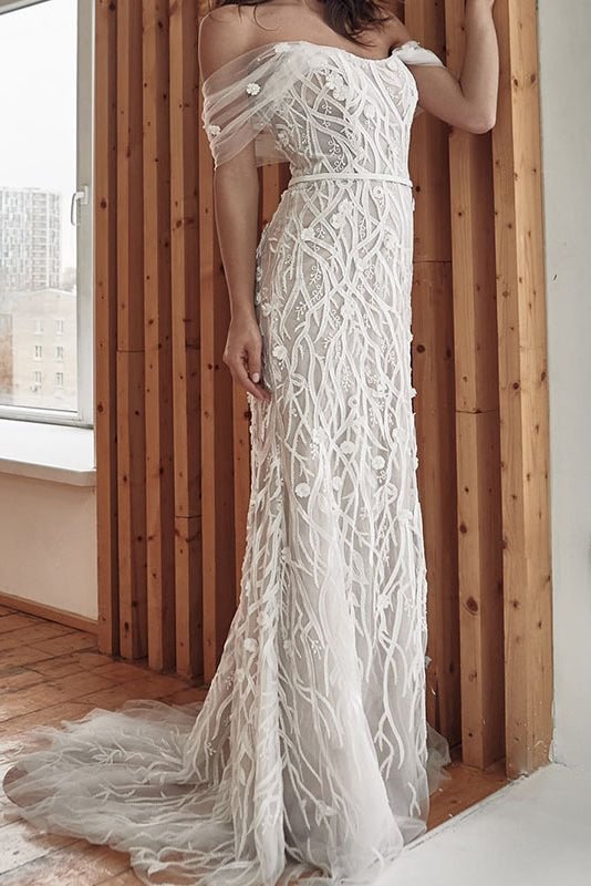 Long White Off-the-Shoulder Evening Gown Wedding Dress - Chicaggo
