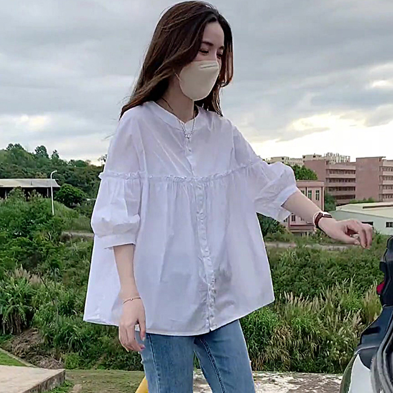 White Puff Sleeve Shirt Women Loose Pleated Slimming High-End Feeling Doll Shirt Summer New Sle Stand Collar Bubble Sleeve Top