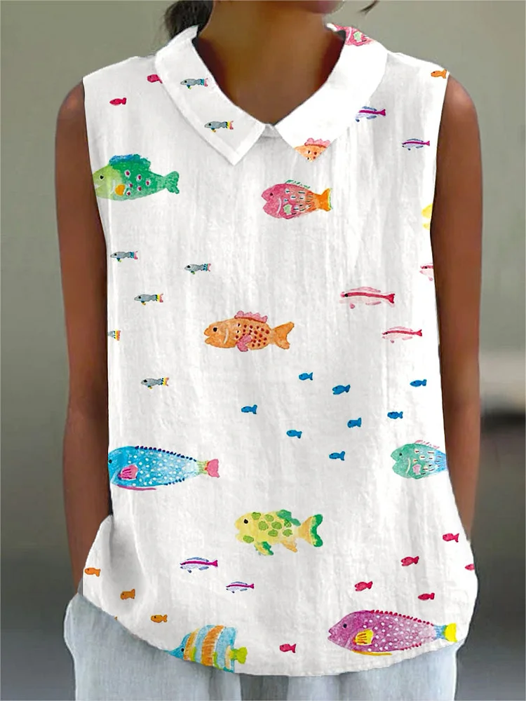 Women's  Fish Vintage  Art Print Casual Cotton And Linen Shirt