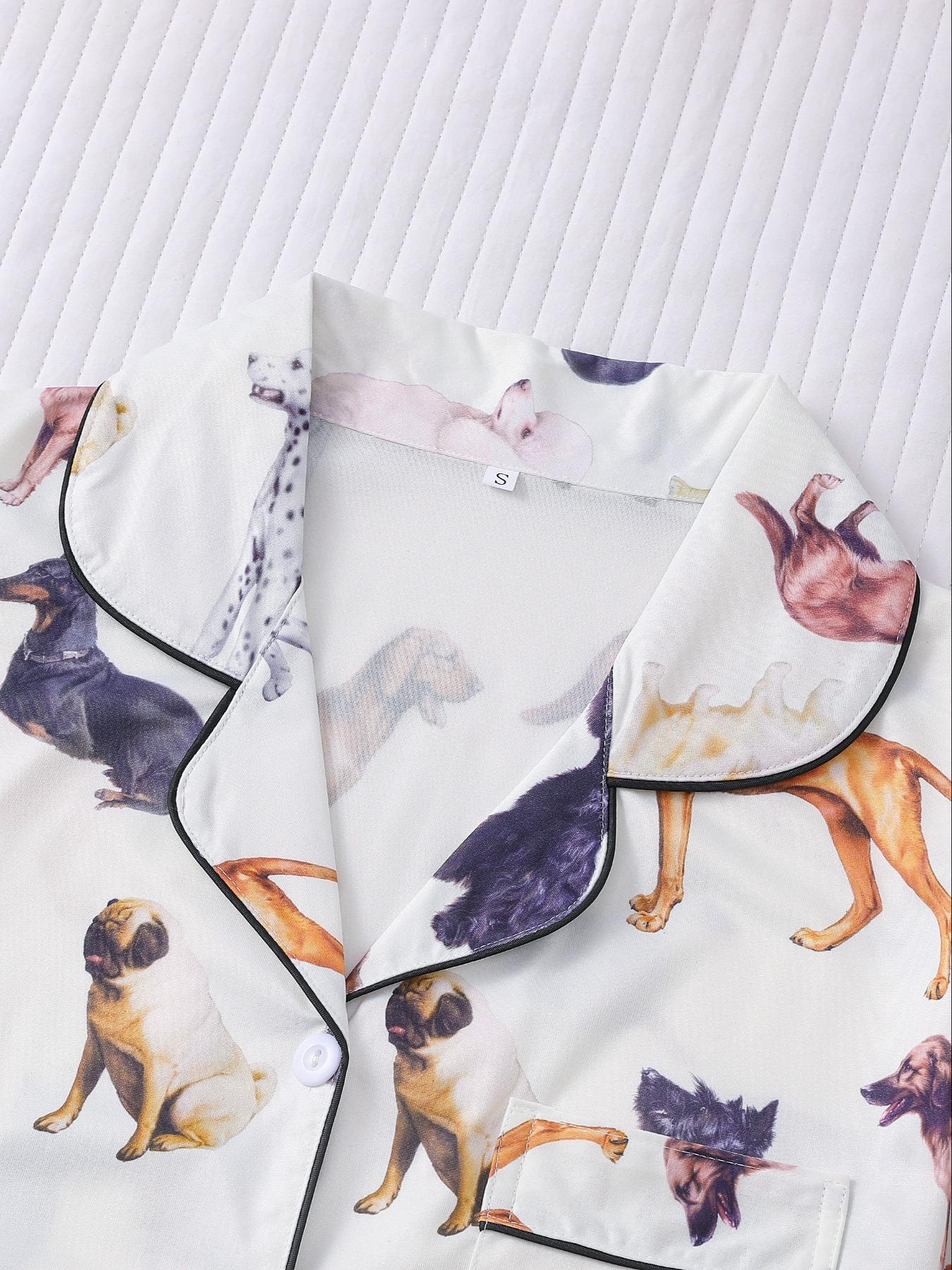 Women's All Over Dachshund Print Shirt & Elastic Waist Shorts Pyjama Two-piece Set, Matching Pj Set, Casual Comfy Short Sleeve Collared Top & Shorts PJ Set, Ladies Sleepwear for All Seasons, Loungewear, Sleep Pajamas Shorts