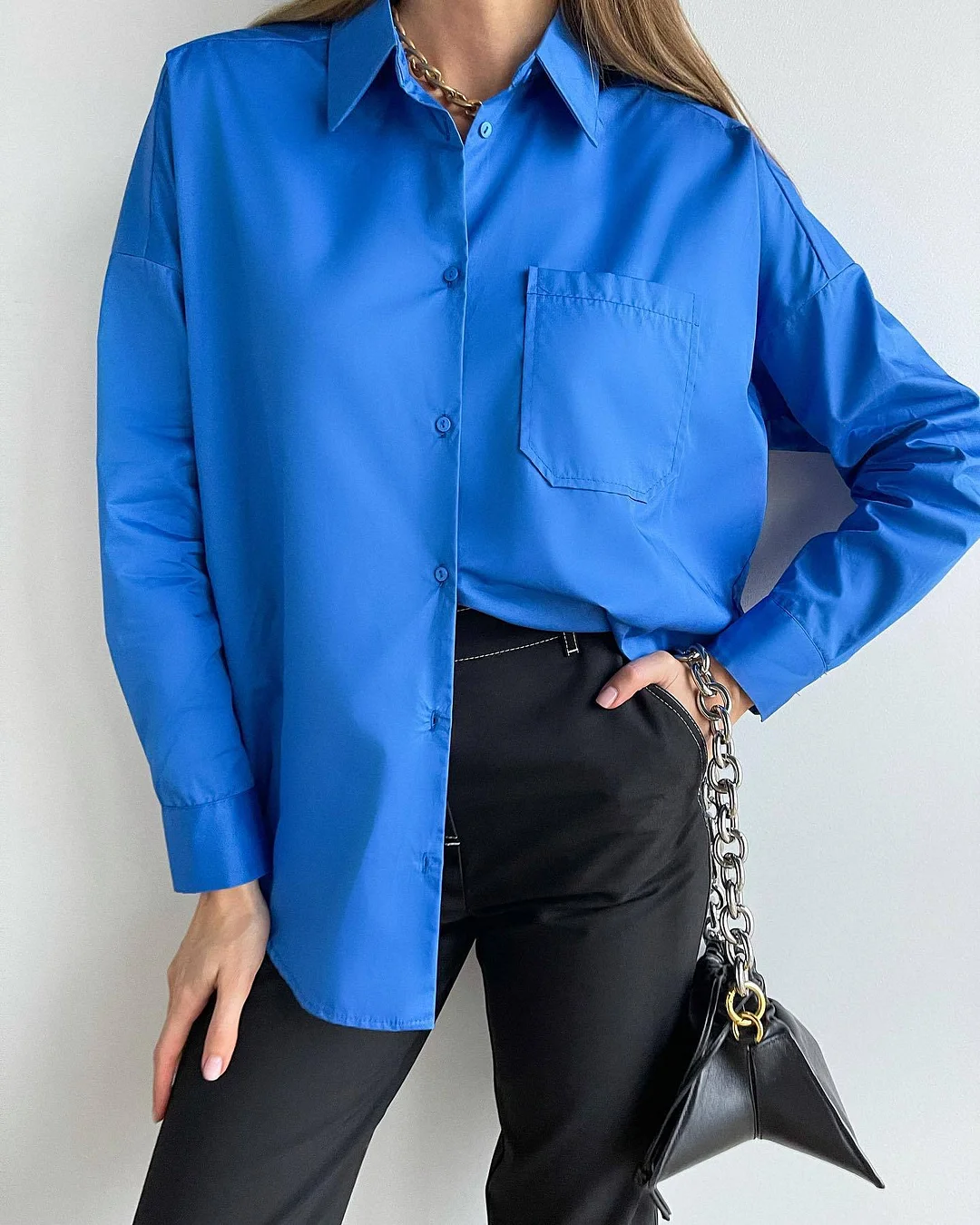 Back to school  Casual Klein Blue Shirt Spring Summer Long Sleeve Cotton Blouse Office Lady Elegant Solid Loose Tops Oversize Green Blusa Tunic