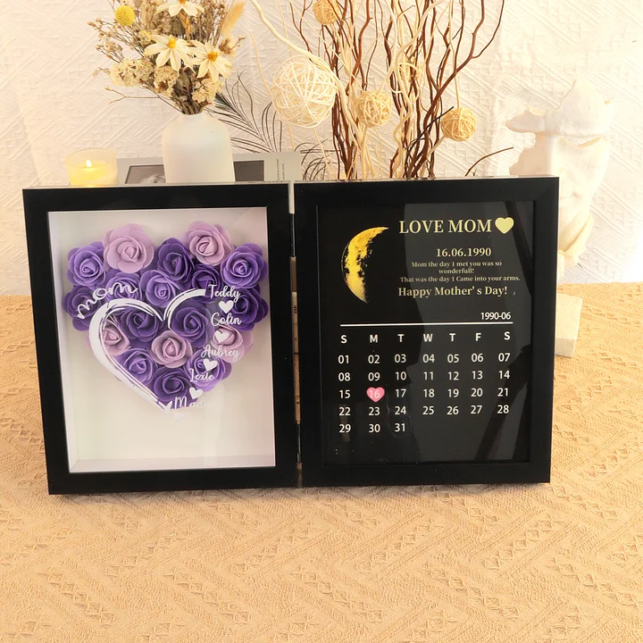 Custom Flower Frame Mommy Hearts With Real Moon Phase Anniversary Calendar