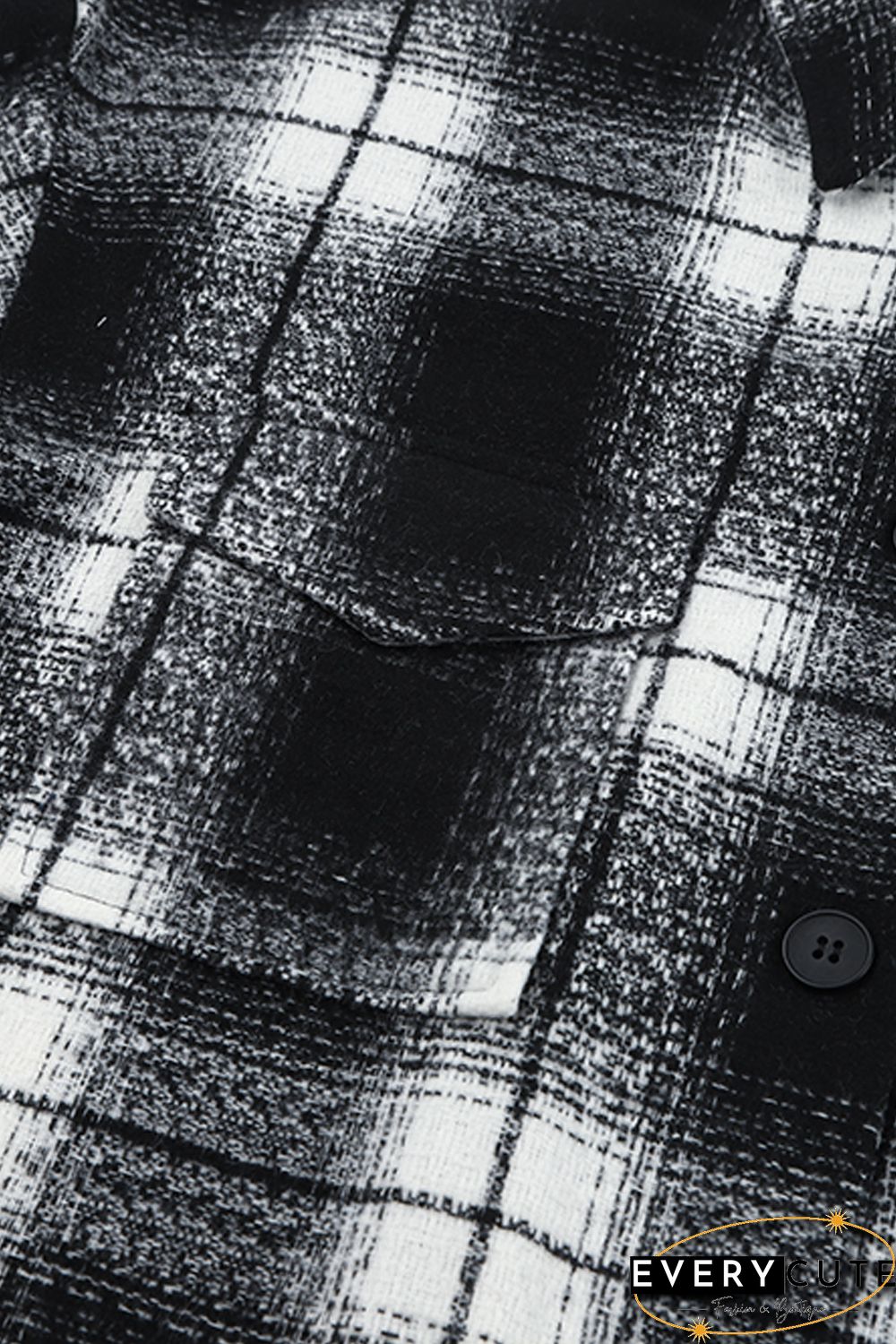 Black Plaid Print Buttoned Pocketed Long Sleeve Long Coat