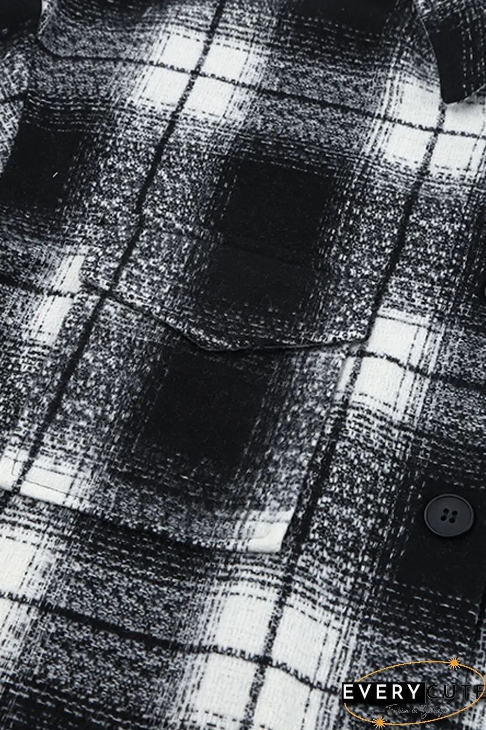 Black Plaid Print Buttoned Pocketed Long Sleeve Long Coat