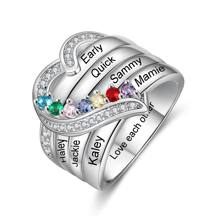 S925 Silver Personalized Mother Ring with 7 Birthstones Heart Family Ring