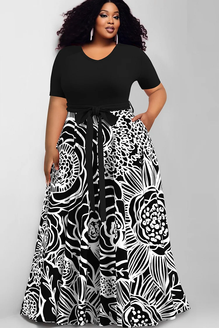 Xpluswear Design Plus Size Casual Black Floral Print V Neck Short Sleeve Pocket Wrap Maxi Dresses