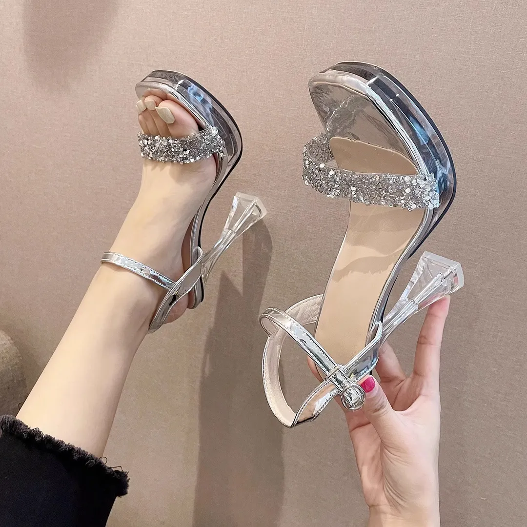 Breakj Breakj Hate Sky High High Heel Sandals French Crystal Waterproof Table Linolee Show New One-Word Buckle Strap Summer Wear