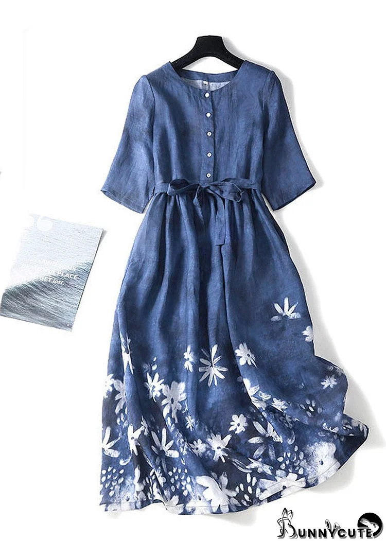 Elegant Blue O-Neck Floral Print Tie Waist Cotton Long Dresses Short Sleeve