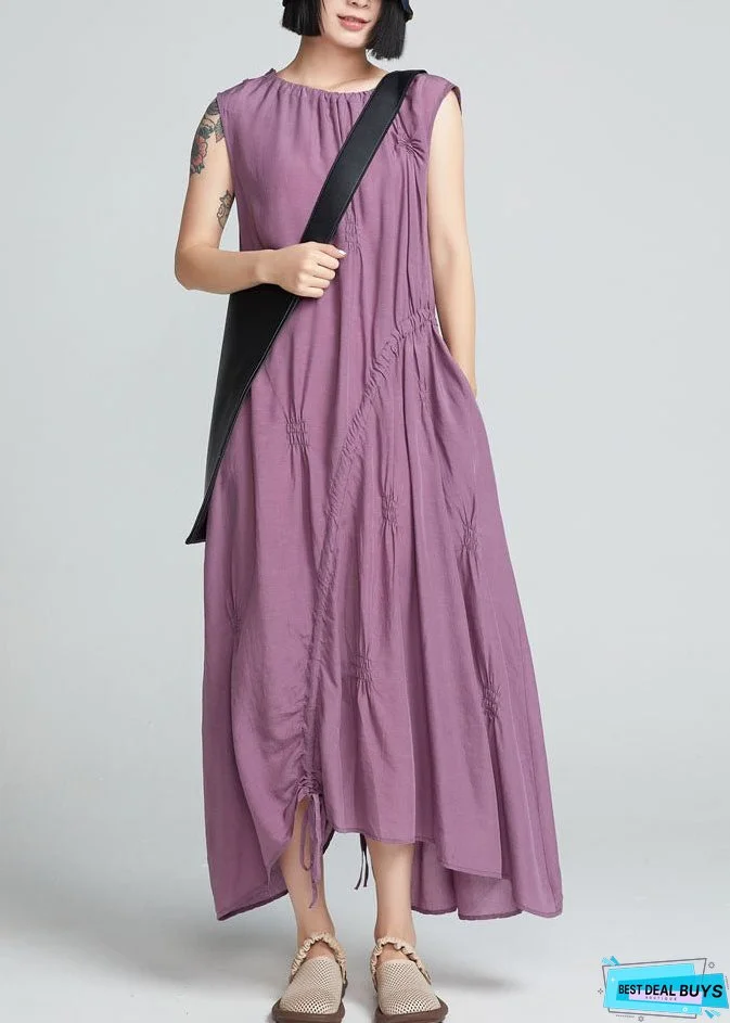 Stylish Purple Drawstring Wrinkled Cotton Long Dress Sleeveless