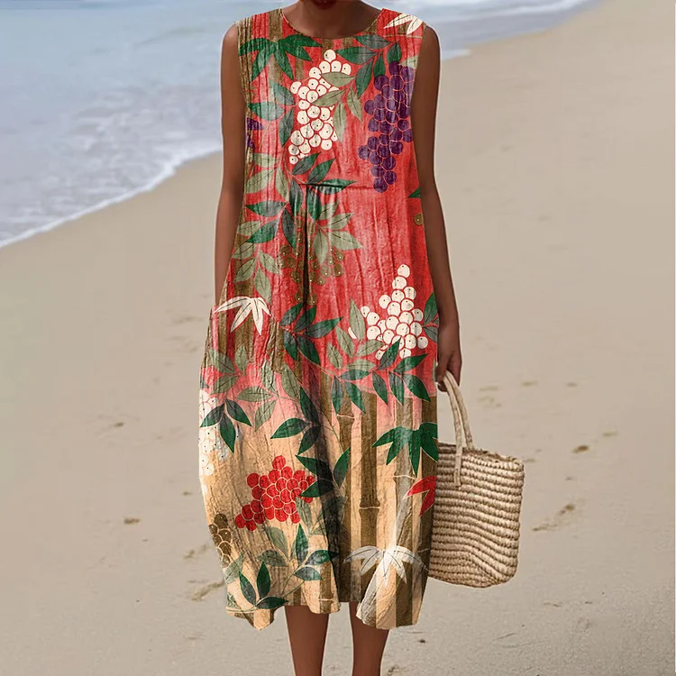 Women's Vintage Floral Grapes Art Print Sleeveless Cotton Pocket Wrap Dress